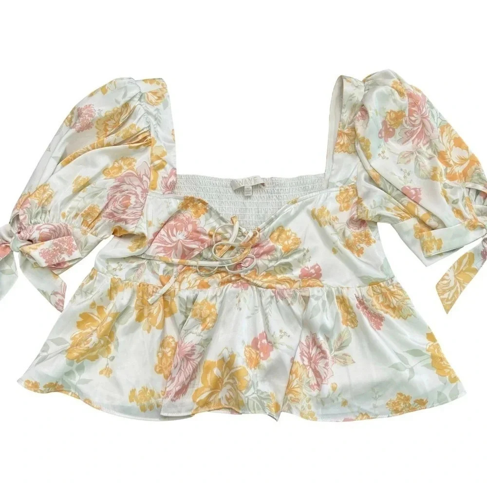 WAYF peasant floral Terry Top in yellow mini roses. Medium. - Picture 2 of 11